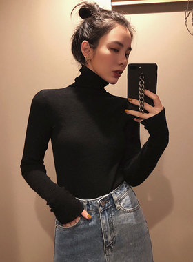 黑色打底衫女秋冬学生针织内搭洋气修身高领毛衣套头长袖韩版百搭