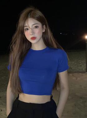 宝蓝色紧身大弹力运动衫女简约短袖t恤短款漏脐修身显瘦跑步上衣