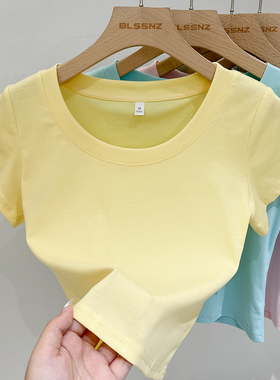 纯棉正肩u领短袖t恤女夏季2024新款黄色短款小上衣设计感半袖体恤