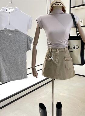 半高领T恤女2025夏季新款韩版黑色辣妹紧身显瘦短袖上衣打底衫潮