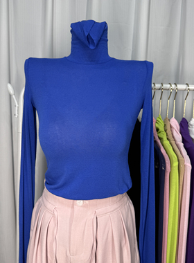 克莱恩蓝色薄款微透基础款堆堆领打底衫高领长袖T恤紧身内搭上衣