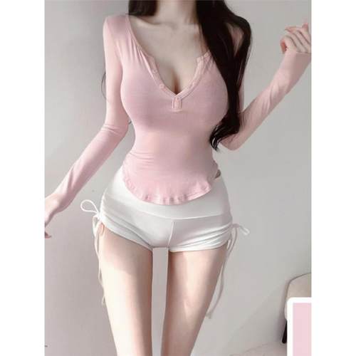 现货~51STUDIO自制紧身长袖半开领T恤女修身收腰打底衫上衣