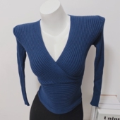 深V领藏青长袖 51STUDIO 毛织显白显瘦打底上衣女2025年春夏