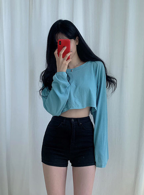 超短款露脐t恤女长袖蓝色上衣宽松韩版秋冬性感爵士舞高腰打底衫
