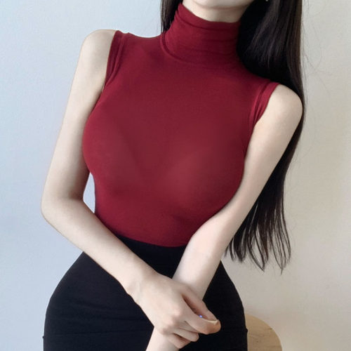 当天发 韩国正品 QY225性感女人 酒红色高领薄薄微透无袖t恤