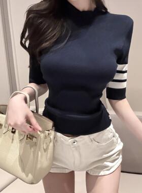 51STUDIO自制灰色拼接短袖T恤女夏季气质修身收腰圆领设计感上衣