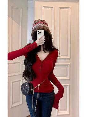 纯欲美式辣妹性感长袖T恤修身显瘦秋冬圣诞红色V领内搭打底衫上衣