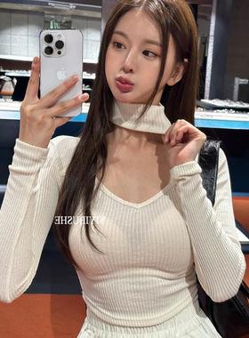 51STUDIO自制 MT607心机挂脖露锁骨~性感女人味螺纹紧身长袖T恤sl