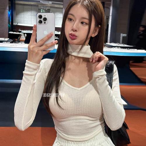 51STUDIO自制 MT607心机挂脖露锁骨~性感女人味螺纹紧身长袖T恤sl