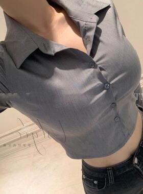 51STUDIO自制 御姐风 通勤灰色衬衫春秋女 性感修身单排扣上衣