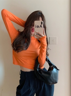 橙色上衣女橙色短款t恤2020年新款百搭春秋修身长袖打底衫内搭潮