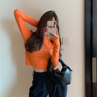 打底衫 橙色上衣女橙色短款 长袖 百搭春秋修身 内搭潮 t恤2020年新款