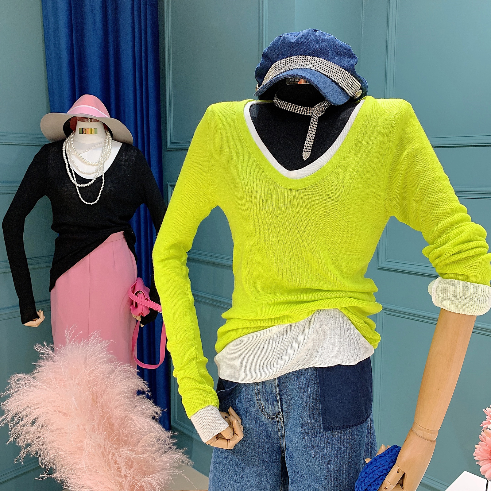 百搭内薄款微透t恤u领纯色针织衫