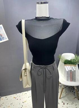 黑色微透网纱拼接短袖t恤女夏季性感辣妹短款修身显瘦薄款上衣潮