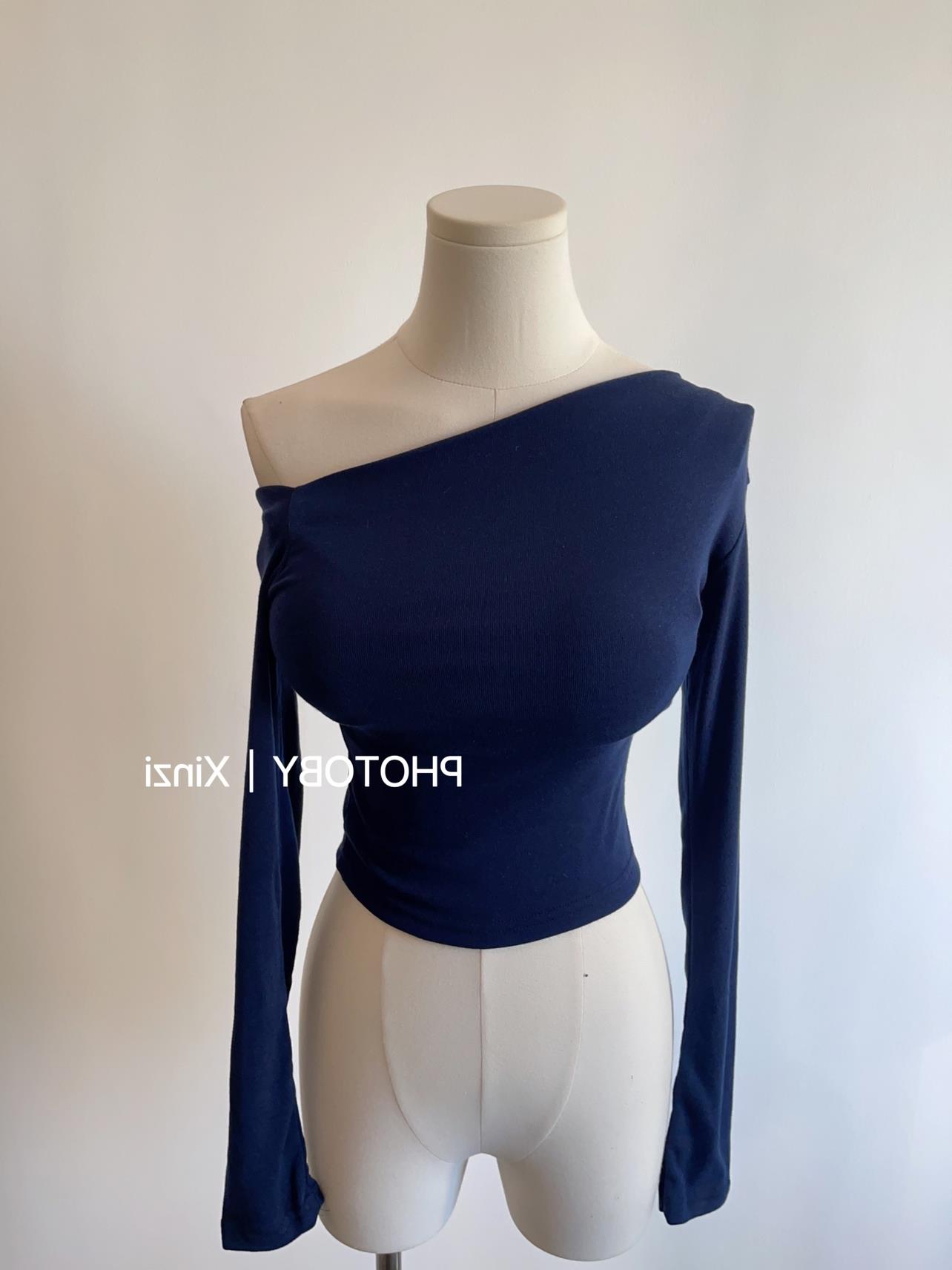 现货~51STUDIO自制新款斜肩紧身长袖显身材弹力性感纯色体恤