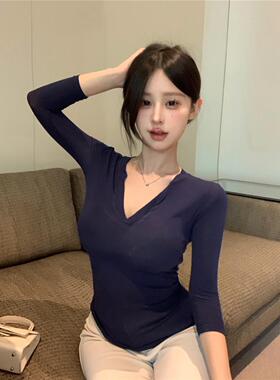 蓝色微透V领长袖正肩T恤女春季紧身打底衫基础款百搭辣妹内搭上衣