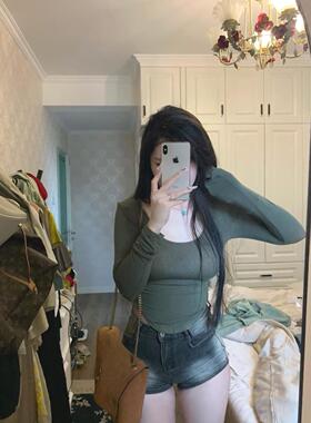 韩版春季性感显胸大舒适薄款军绿色薄款T恤弧形下摆紧身长袖T恤女