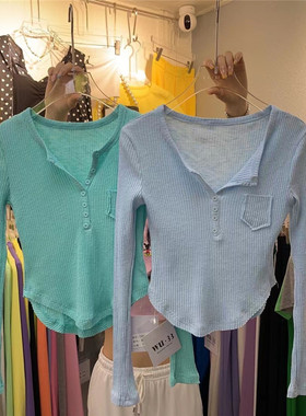 2021早秋新款不规则短款t恤女修身显瘦小个子蓝色打底薄款针织衫