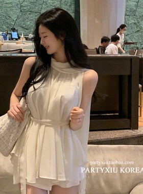 韩国女装韩系气质姐领口系带收腰纯色无袖衬衫7923