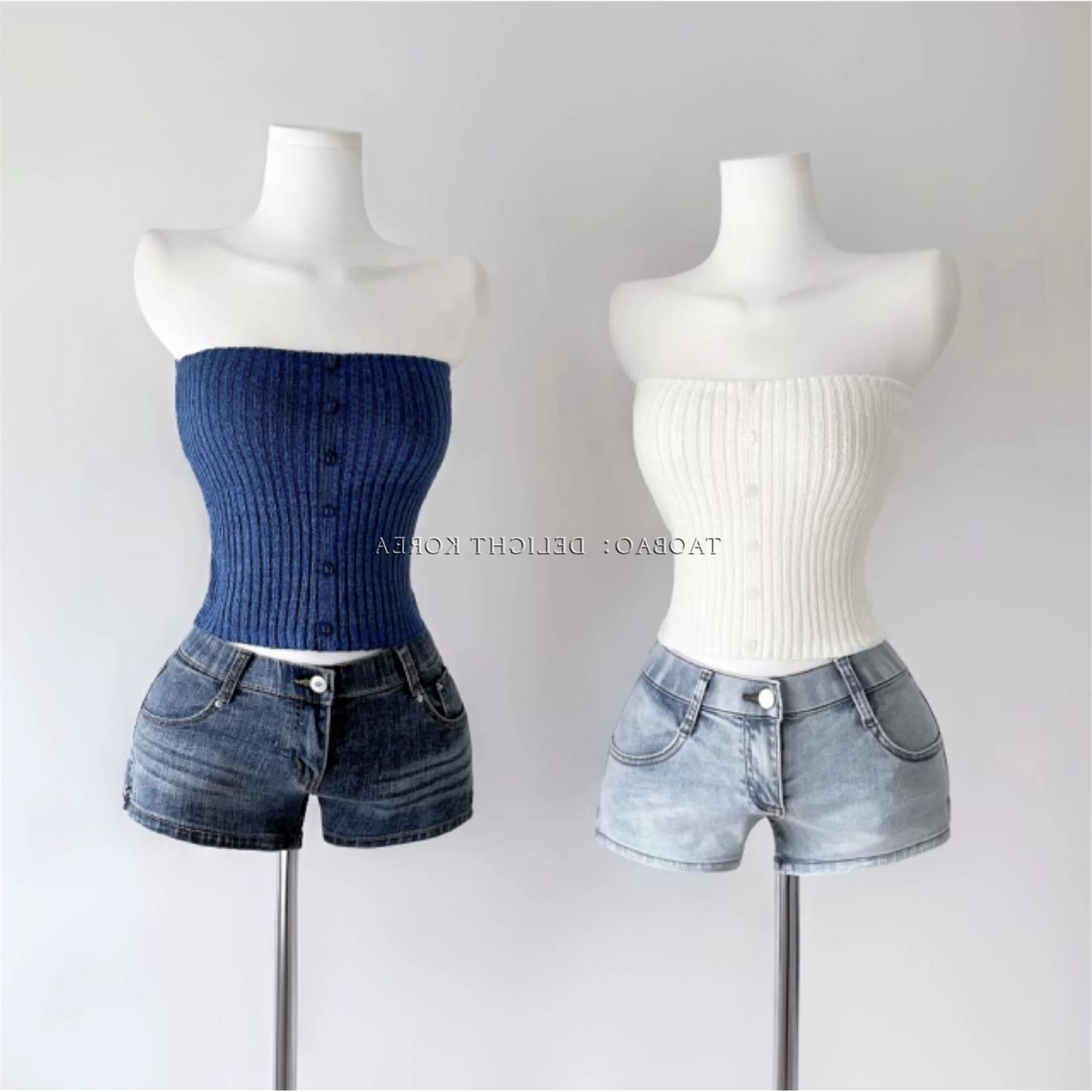 现货 51STUDIO自制 纯色纽扣针织抹胸背心（6色）