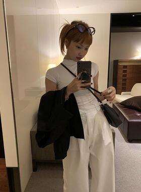 51STUDIO 半高领短款短袖t恤女秋季新款2022打底衫白色内搭上衣