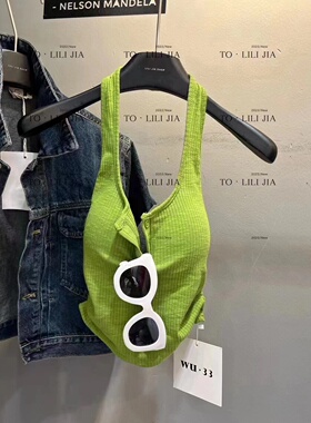 韩版新款辣妹装绿色挂脖背心吊带女夏带胸垫修身短款洋气内搭上衣