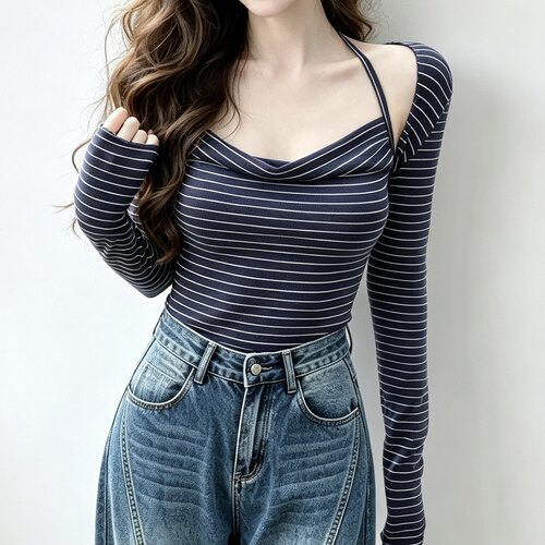 韩系条纹挂脖吊带女夏季穿搭长袖坎肩开衫两件套修身显瘦辣妹上衣