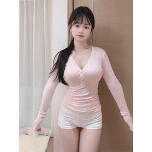上衣亨利衫 百搭性感显身材单排扣紧身T恤打底衫 女 韩版 纯欲樱花粉