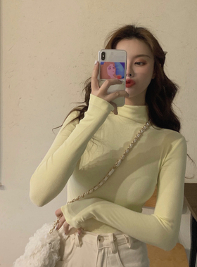 新潮鹅黄色百搭堆堆领亲肤舒适内搭长袖弹力半高领套头打底衫女