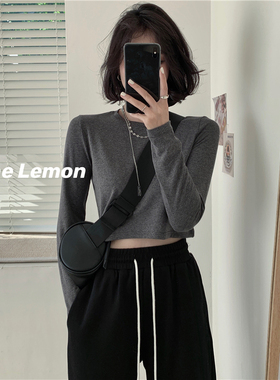 The lemon新款百搭圆领短款长袖t恤女2020秋季纯色打底衫上衣ins