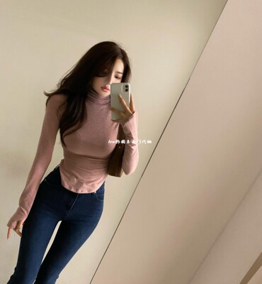 韩国东大门代购21秋季纯色高领修身圆角套指百搭短款打底衫上衣