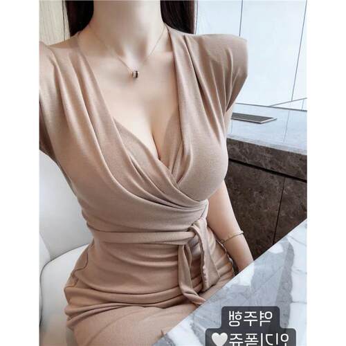 现货 51STUDIO自制V领收腰系带连衣裙女人味紧身度假长裙