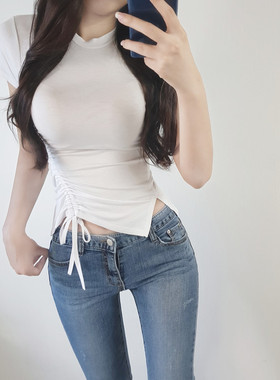 留！设计感抽绳短袖白色t恤女ins超火短款显瘦高腰BM风上衣体恤夏