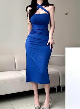 性感纯欲风宝蓝色蝴蝶结抹胸连衣裙女夏季御姐小礼服内搭包臀长裙