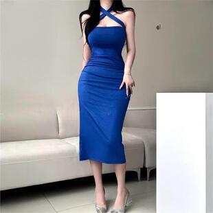 性感纯欲风宝蓝色蝴蝶结抹胸连衣裙女夏季御姐小礼服内搭包臀长裙