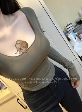 纯欲风薄款低领显胸大长袖打底衫女t恤春秋短款超性感U领紧身上衣