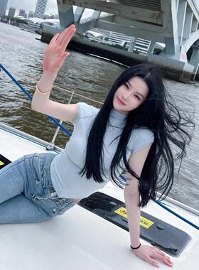 夏季chic上衣甜辣清新海蓝色紧身显瘦显胸半高领短袖T恤女打底衫