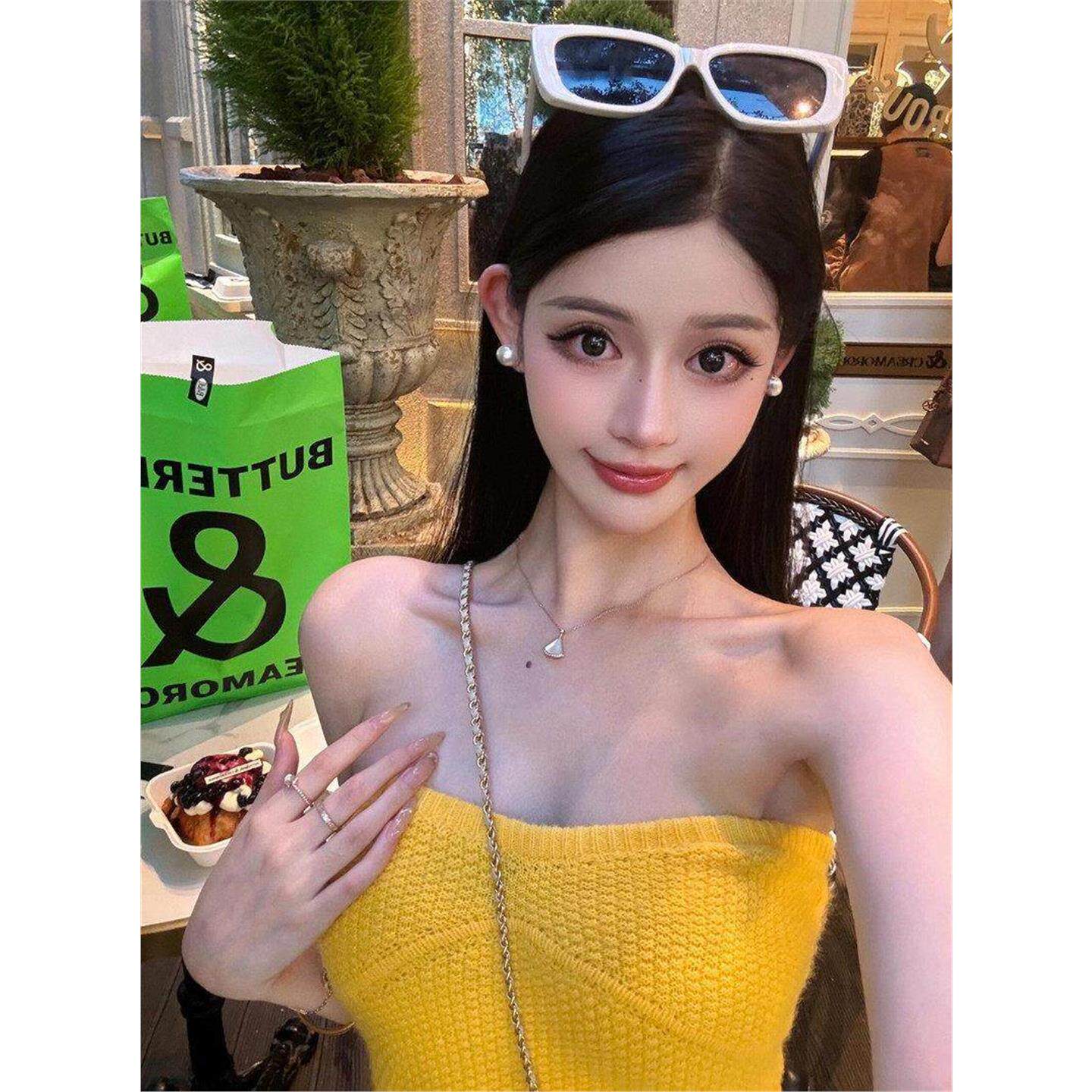 泰式辣妹性感抹胸针织背心女显白黄色裹胸短款裹胸毛衣短款上衣潮