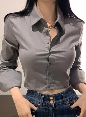 当天发 韩国代购正品 YD312自留灰色~女人味显身材露腰长袖衬衫ue