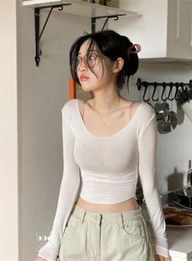 现货~51STUDIO自制 简约大领口 贴身弹力微透薄款打底衫长袖T恤