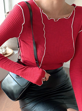 韩国代购正品 QF600日常温柔百搭 撞色波浪白边修身罗纹打底T恤sw