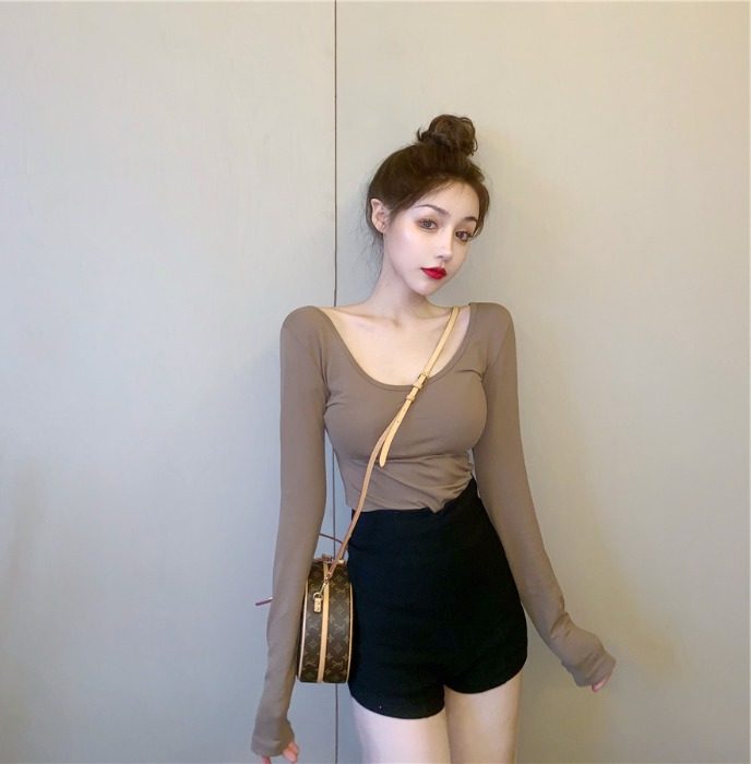 基础百搭性感露背长袖t恤女低胸大u圆领纯色显胸大内搭打底衫上衣