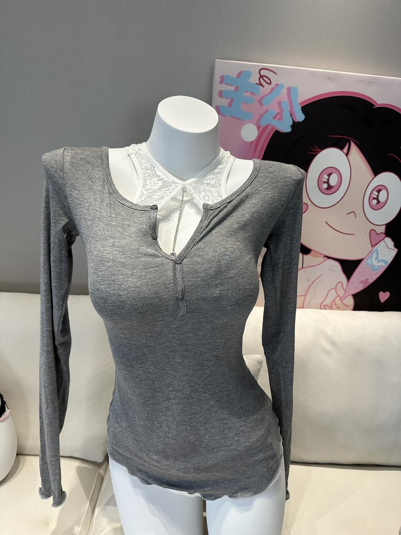 巨好穿~细腻亲肤洋气半开领长袖T恤女修身显胸内搭打底衫上衣秋冬