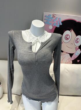 巨好穿~细腻亲肤洋气半开领长袖T恤女修身显胸内搭打底衫上衣秋冬