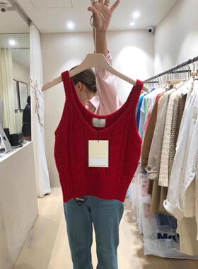 51STUDIO 春季新款性感V领针织吊带麻花纹短款红色马甲毛衣背心
