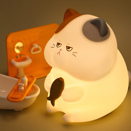 贪吃猫小夜灯桌面卡通宠物创意小床头柔光定时拍拍灯led灯