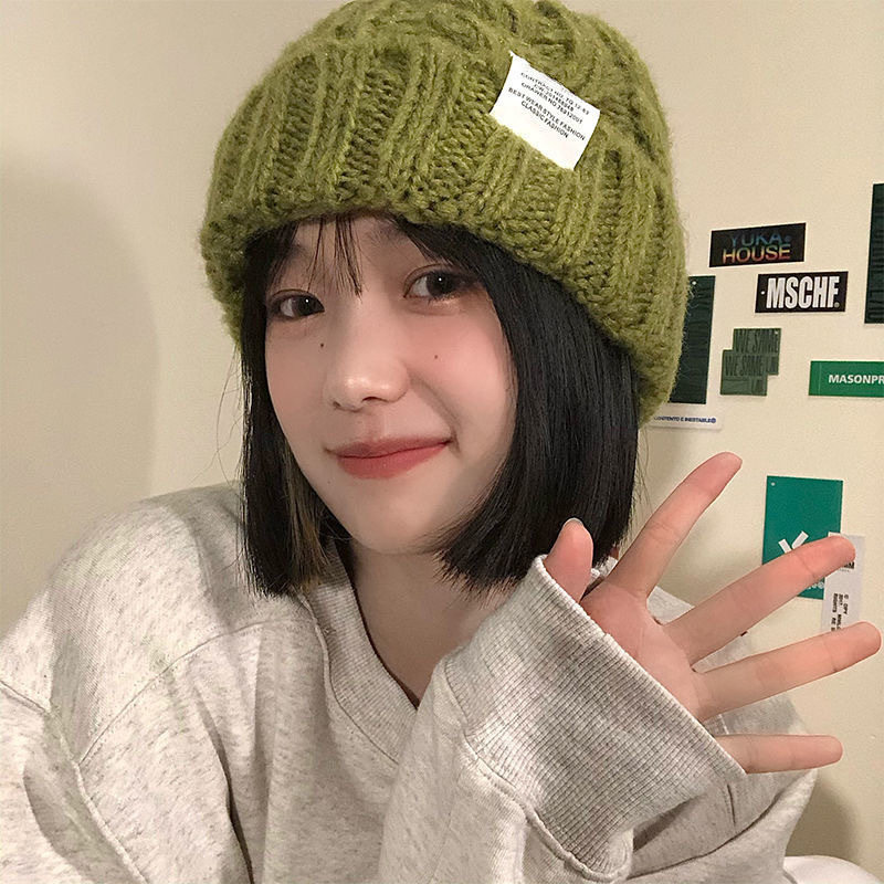 韩版纯色女学生秋冬季百搭麻花针织保暖堆堆帽适合圆脸的毛线帽子