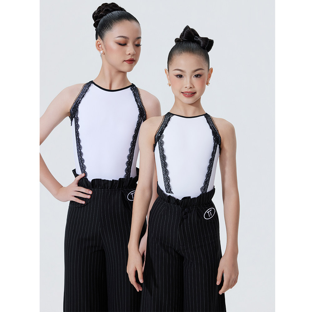 TTDANCE少儿摩登舞训练服黑白蕾丝花边连体上衣花苞条纹摩登裤