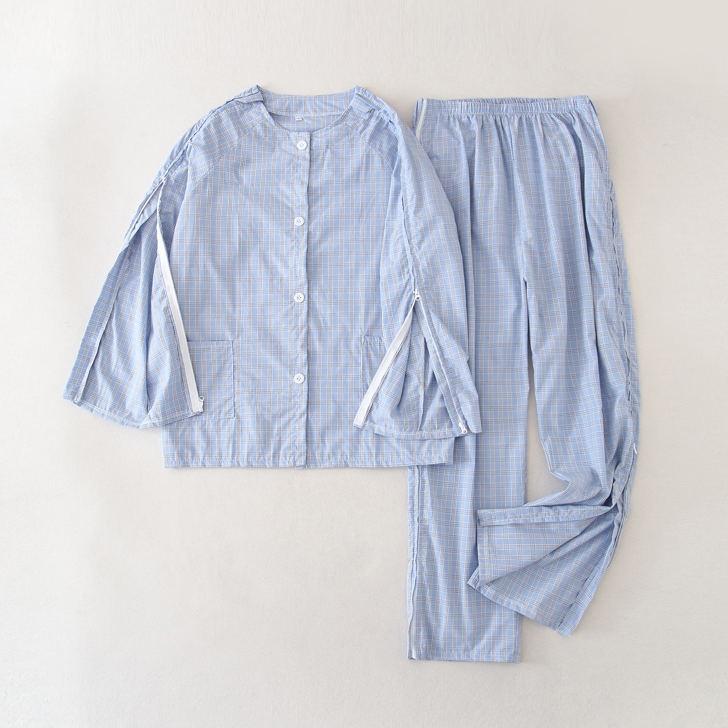 护理服易穿脱卧床病人偏瘫痪老人病号服骨折纯棉男女置管衣春秋季