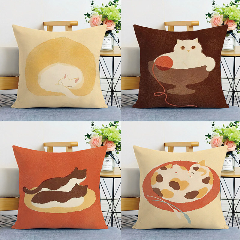 北欧风格水彩猫猫抱枕卡通印花毛绒靠枕客厅卧室装饰靠垫沙发枕套